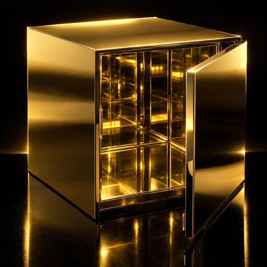 Gold mirror cube glowing on a black reflective surface, door ajar