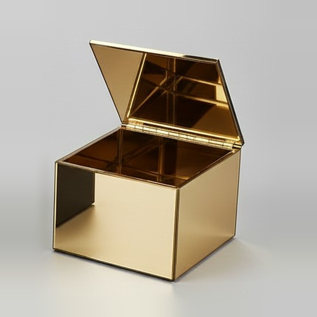 Gold mirror cube with hinged lid open, mirrored inside and out